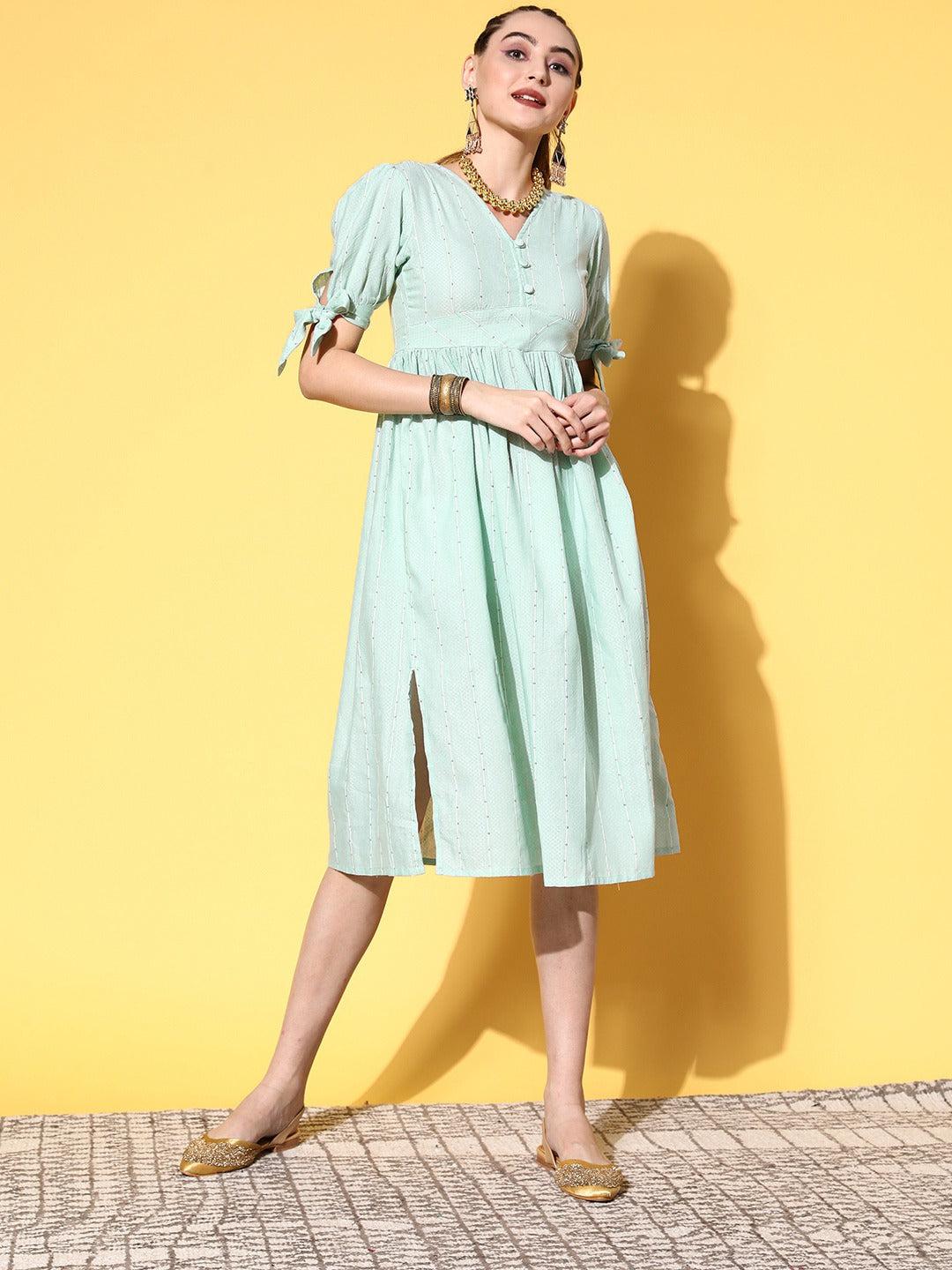sea-green-a-line-dress-10104151GR, Women Clothing, Dobby Dresses