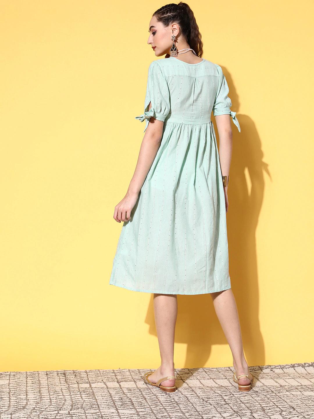 sea-green-a-line-dress-10104151GR, Women Clothing, Dobby Dresses