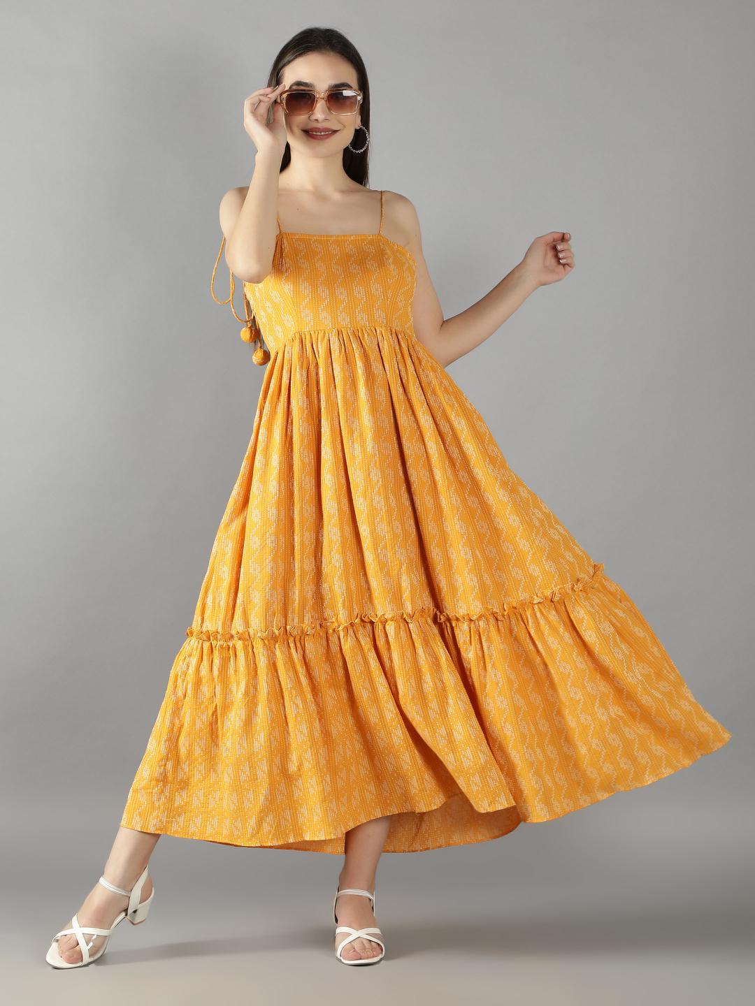 signal-yellow-shoulder-tie-up-flared-dress-11704112YL, Women Clothing, Cotton Dress