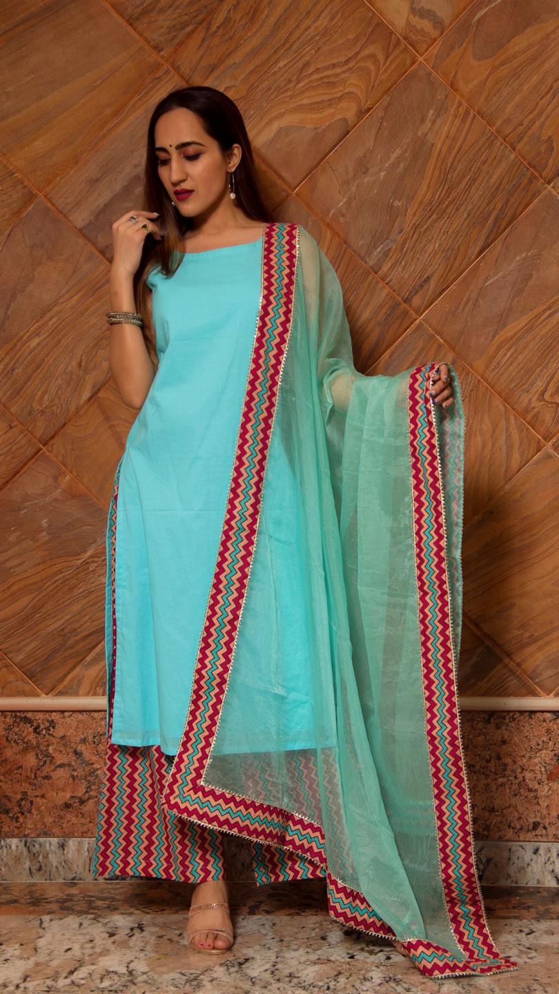 siya-light-blue-cotton-suit-set-11403078BL, Women Indian Ethnic Clothing, Cotton Kurta Set Dupatta