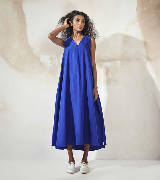 sleeveless-electric-blue-poplin-a-line-midi-dress-11904085BL, Women Clothing, Cotton Dress