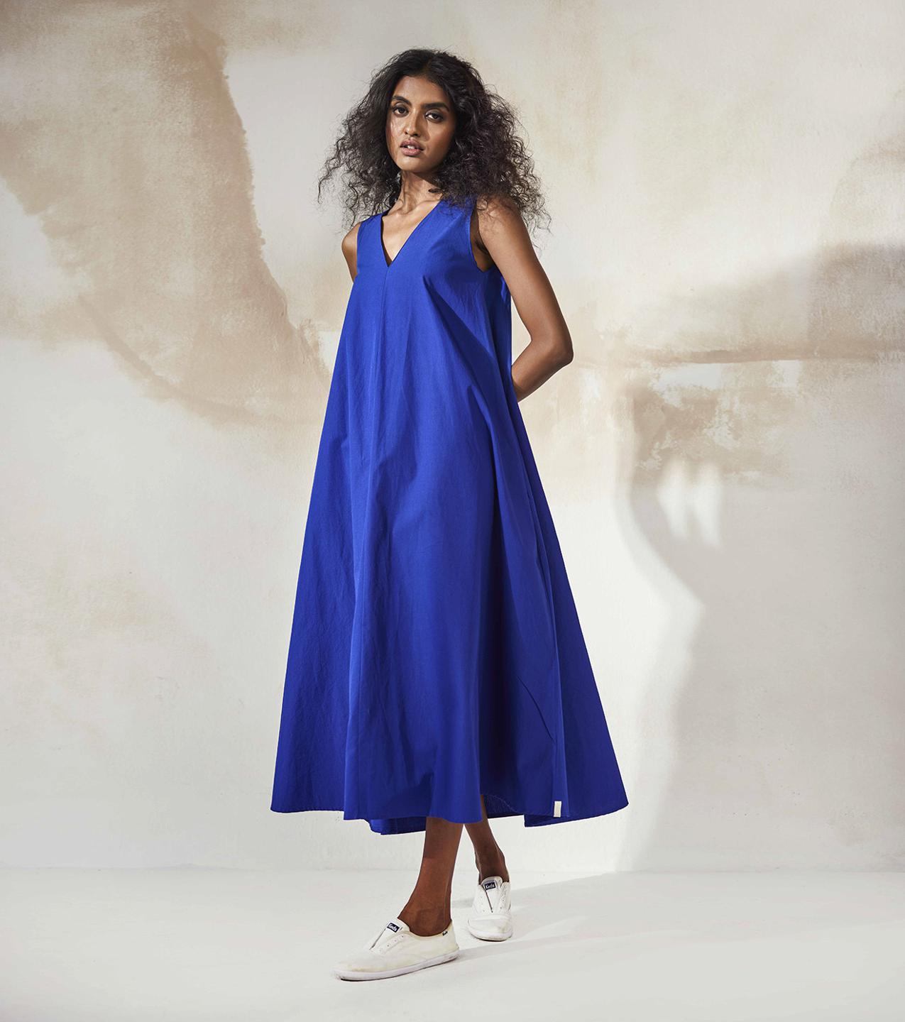 sleeveless-electric-blue-poplin-a-line-midi-dress-11904085BL, Women Clothing, Cotton Dress