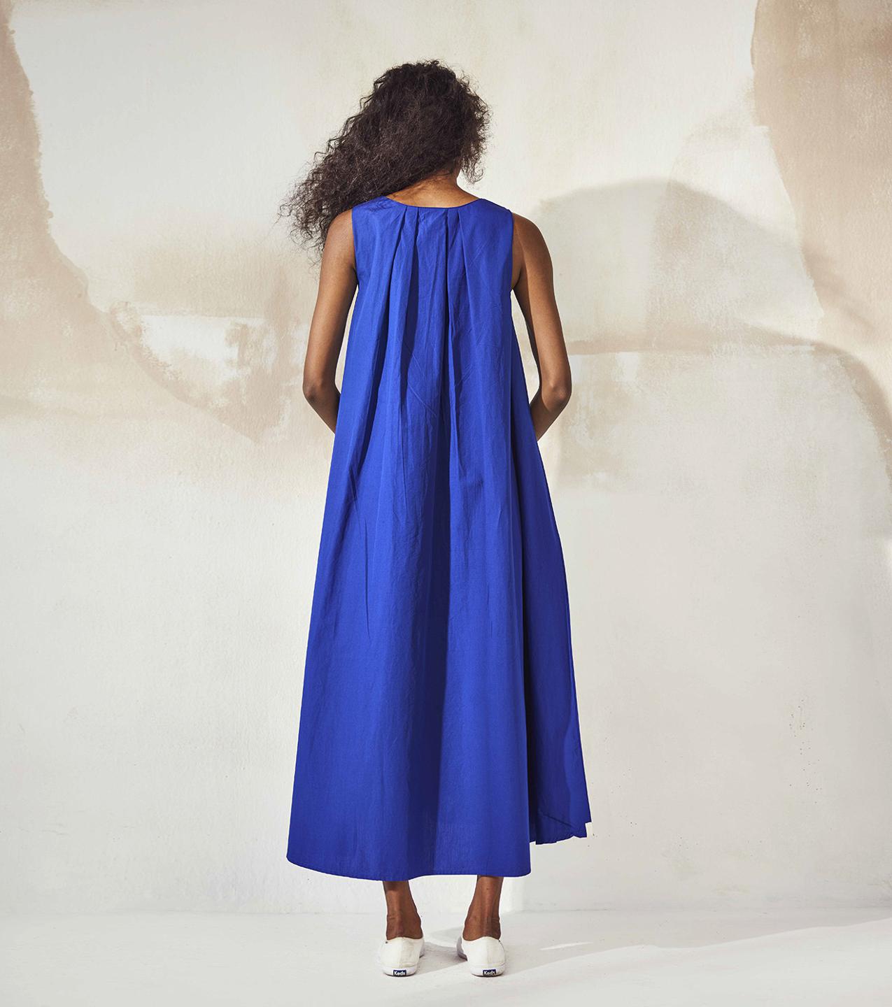 sleeveless-electric-blue-poplin-a-line-midi-dress-11904085BL, Women Clothing, Cotton Dress