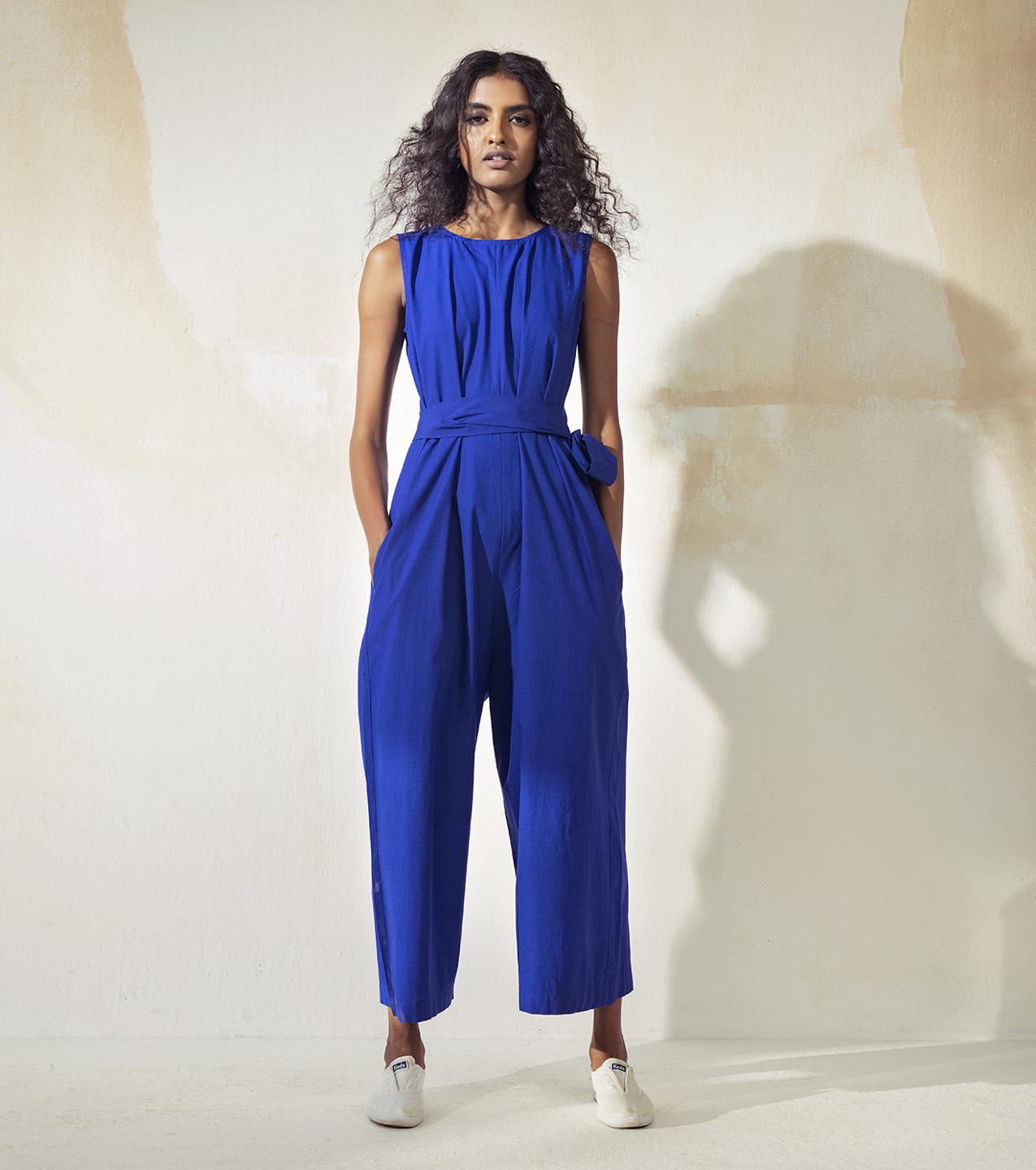 sleeveless-electric-blue-poplin-jumpsuit-11924053BL, Women Clothing, Cotton Jumpsuit