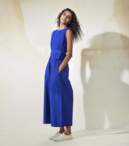 sleeveless-electric-blue-poplin-jumpsuit-11924053BL, Women Clothing, Cotton Jumpsuit