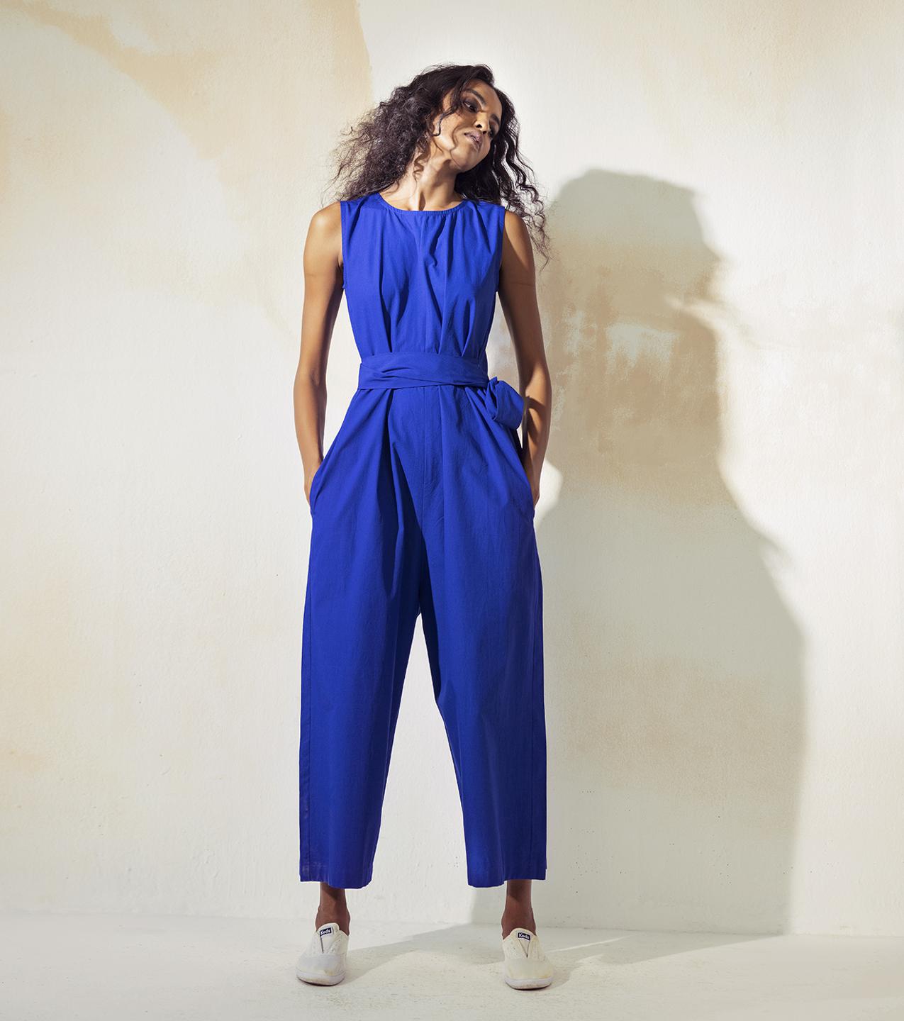 sleeveless-electric-blue-poplin-jumpsuit-11924053BL, Women Clothing, Cotton Jumpsuit