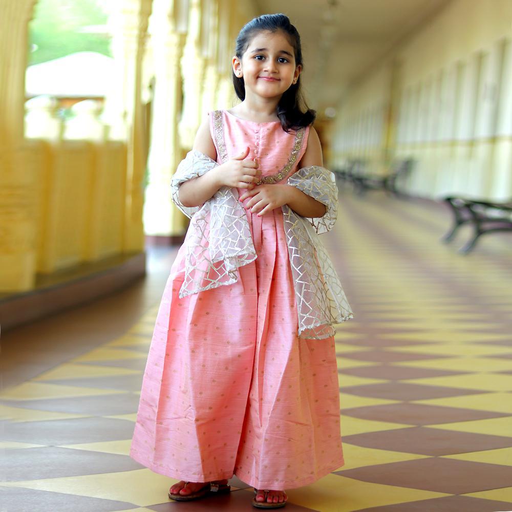 sleeveless-peach-indian-gown-with-dupatta-10516058PC, Kids Clothing, Blended,Cotton,Net Girl Gown Dupatta