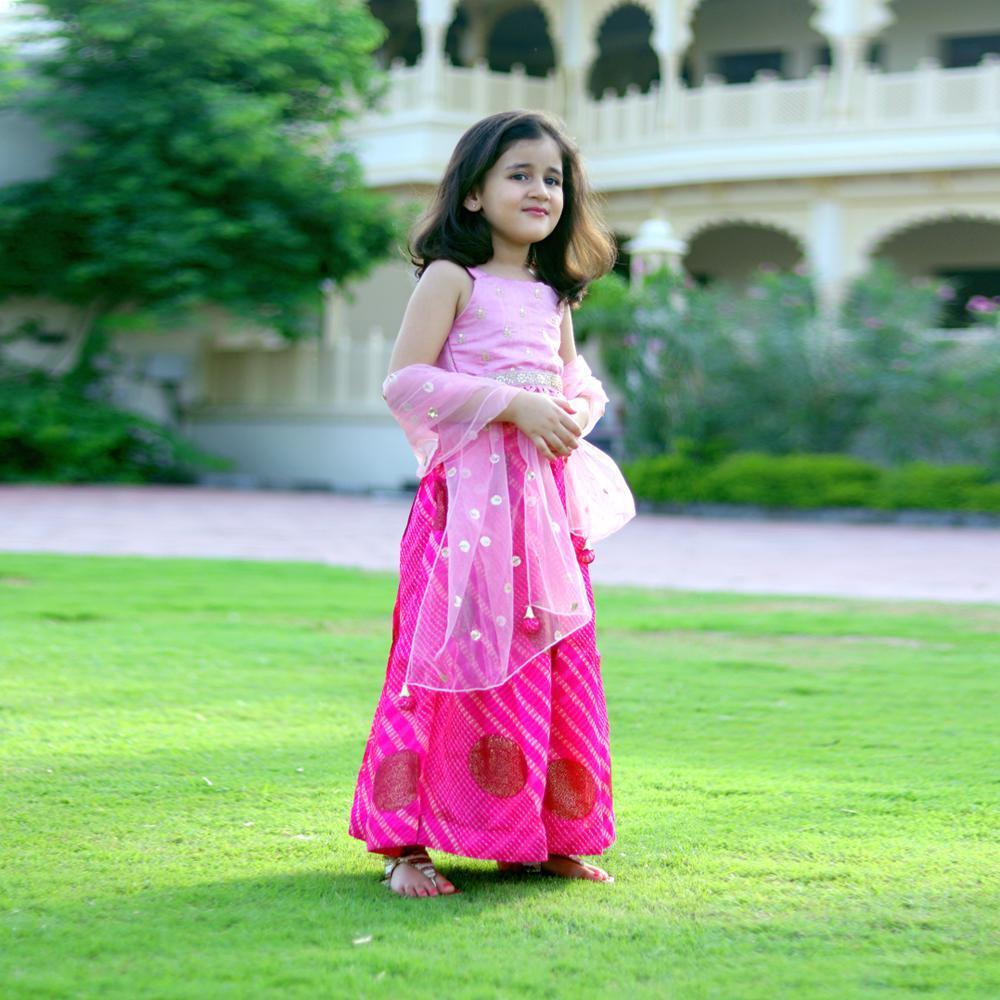 sleeveless-pink-lehenga-and-blouses-set-10509057PK, Kids Clothing, Blended,Cotton,Net Girl Lehenga Set