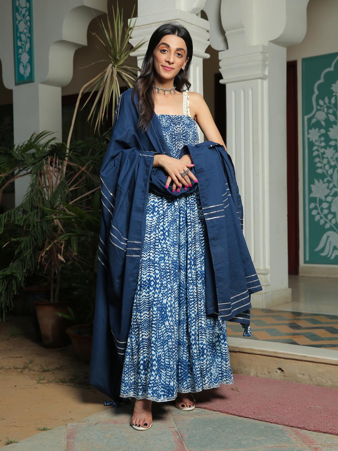 smocked-mediterranian-blue-anarkali-kurta-with-pant-and-gota-highlighted-dupatta-11703066BL, Women Indian Ethnic Clothing, Cotton Kurta Set Dupatta