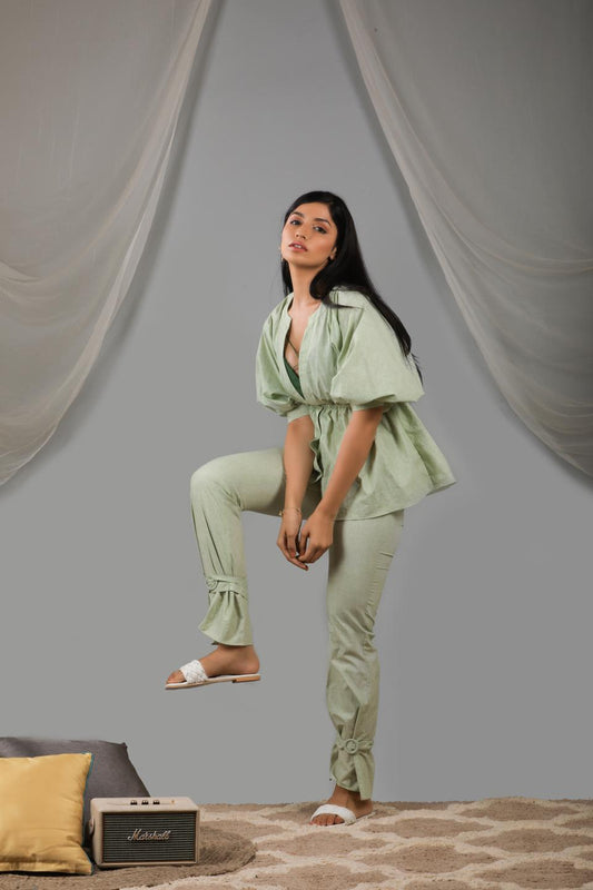 smoke-green-blouse-pant-set-with-bralet-11740074GR, Women Clothing, Cotton Matching Set