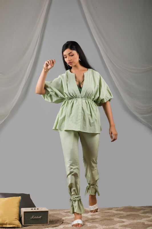 smoke-green-blouse-pant-set-with-bralet-11740074GR, Women Clothing, Cotton Matching Set