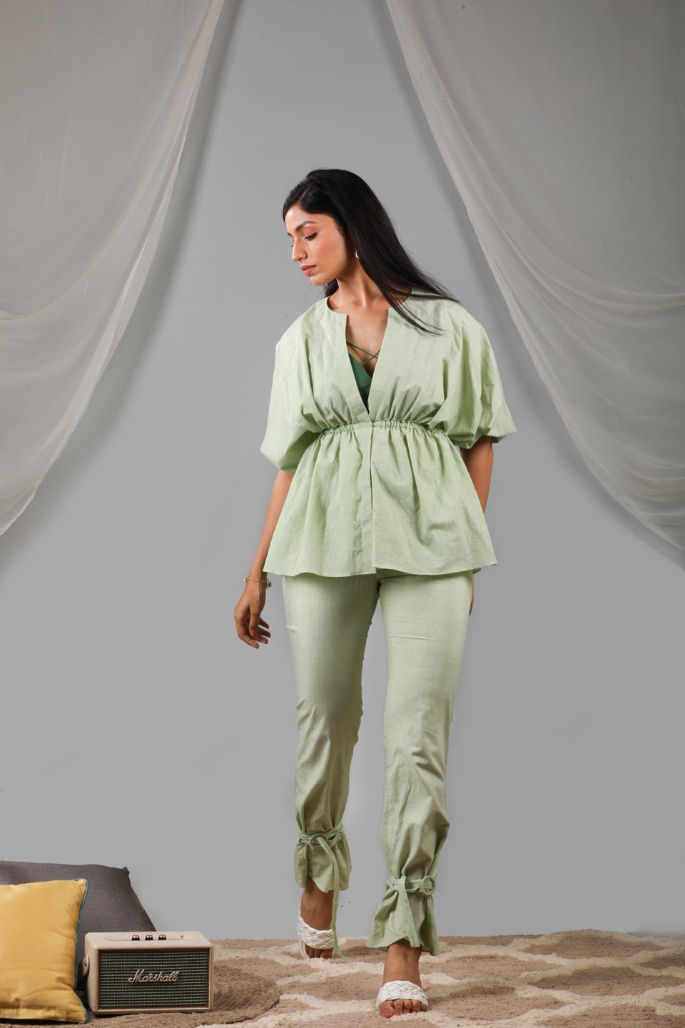 smoke-green-blouse-pant-set-with-bralet-11740074GR, Women Clothing, Cotton Matching Set