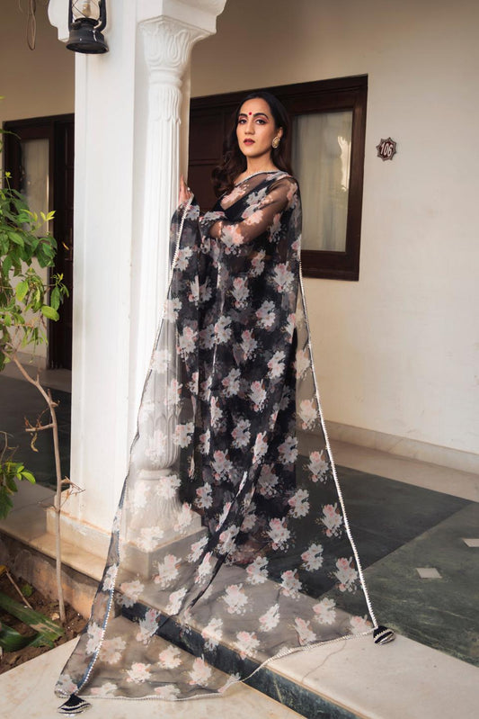 snowdrop-black-printed-organza-saree-11422059BK, Women Indian Ethnic Clothing, Organza Saree