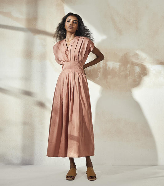 solid-blush-pink-waist-fitted-cotton-dress-11904089PK, Women Clothing, Cotton Dress