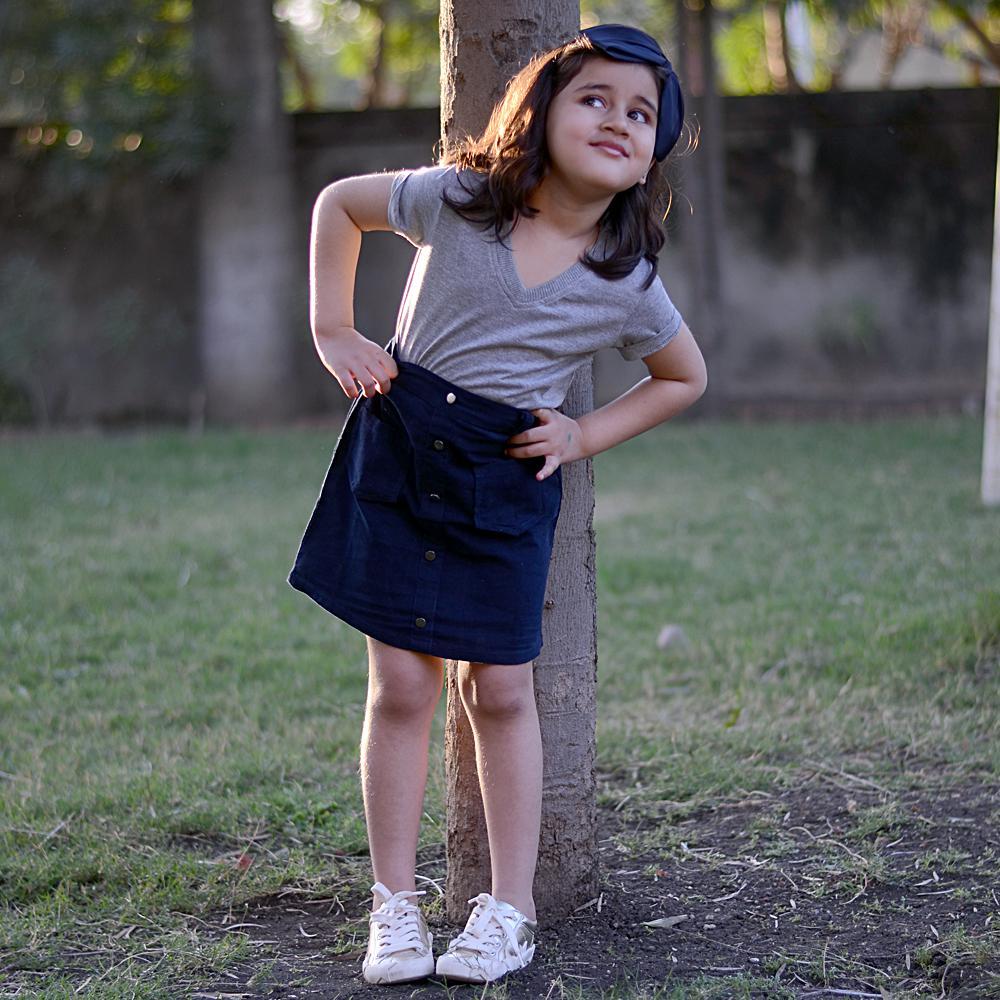 solid-gray-colored-t-shirt-skirt-blue-10513044GY, Kids Clothing, Corduroy Girl Skirt Set