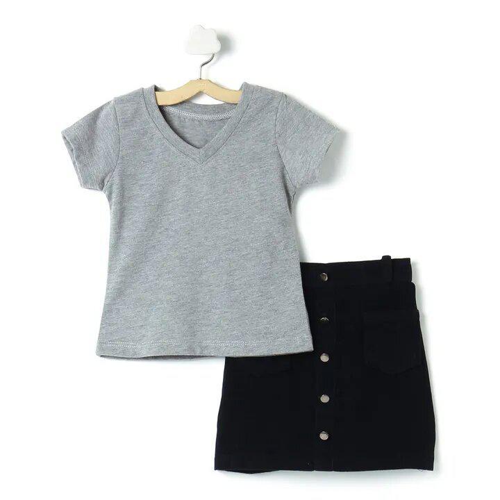 solid-gray-colored-t-shirt-skirt-blue-10513044GY, Kids Clothing, Corduroy Girl Skirt Set