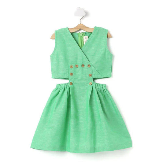 solid-sleeveless-v-neck-green-dress-10510037GR, Kids Clothing, Linen Girl Dress