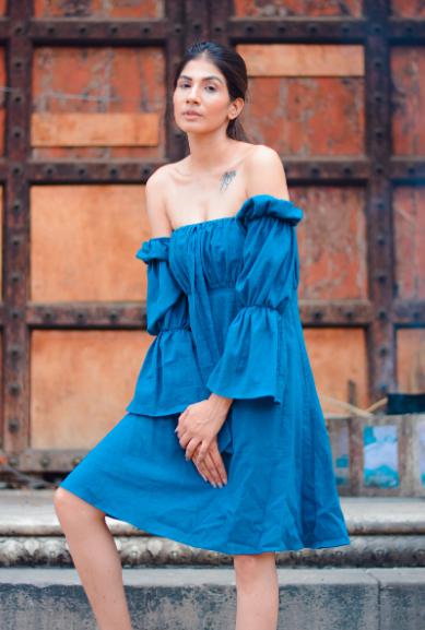 solid-summer-puffy-b-knot-dress-11604019BL, Women Clothing, Cotton Dress