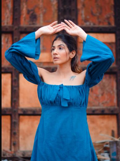 solid-summer-puffy-b-knot-dress-11604019BL, Women Clothing, Cotton Dress