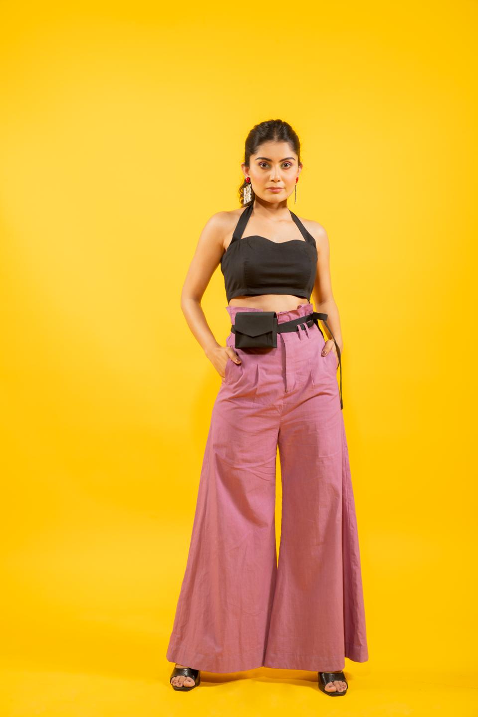 statement-black-halter-top-with-high-waisted-mauve-flared-pants-11740099BK, Women Clothing, Cotton Matching Set