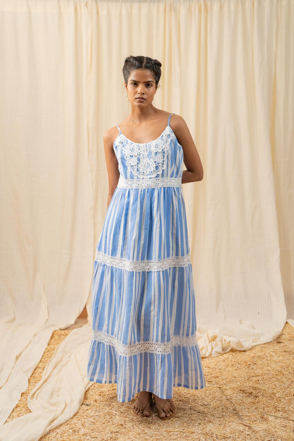 stripe-blue-lace-maxi-11804019BL, Women Clothing, Cambric Dress