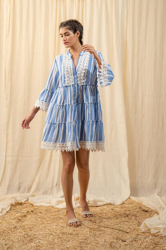 stripe-blue-lace-shirt-dress-11804018BL, Women Clothing, Cambric Dress