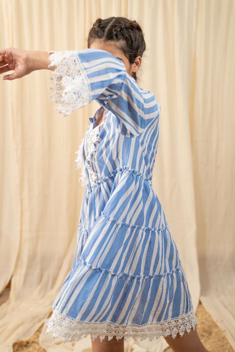 stripe-blue-lace-shirt-dress-11804018BL, Women Clothing, Cambric Dress