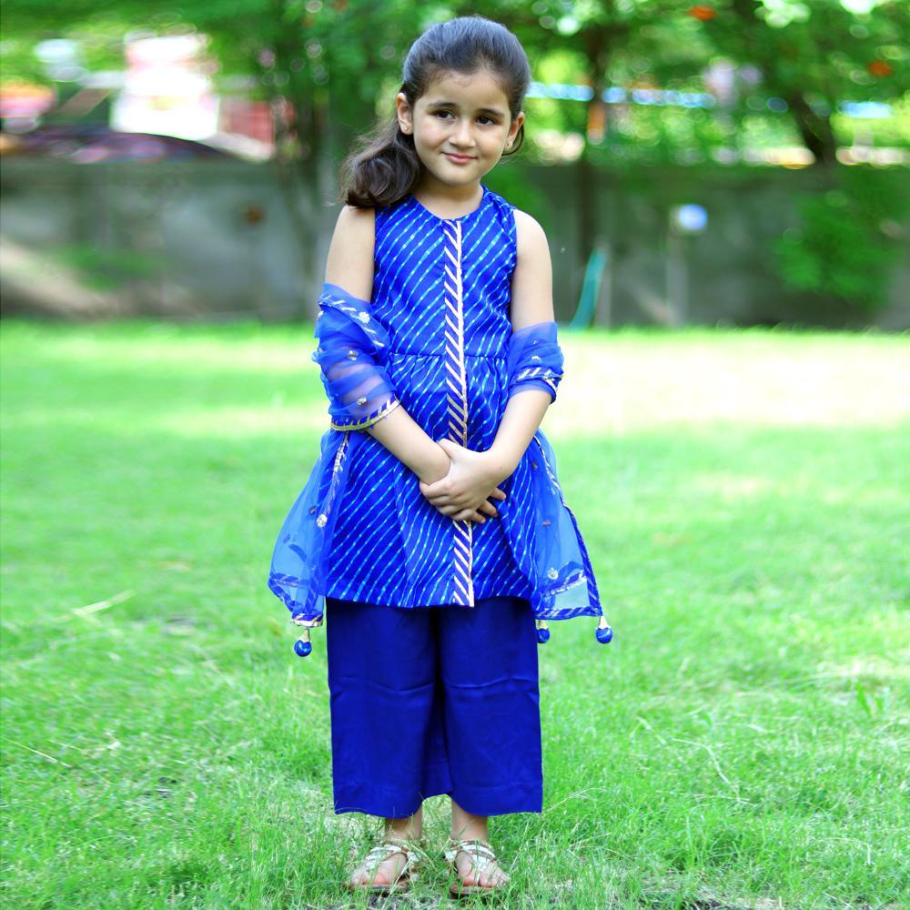 stripe-print-sleeveless-royal-blue-salwarkameez-set-10512007BL, Kids Clothing, Blended,Cotton,Net Girl Palazzo Set