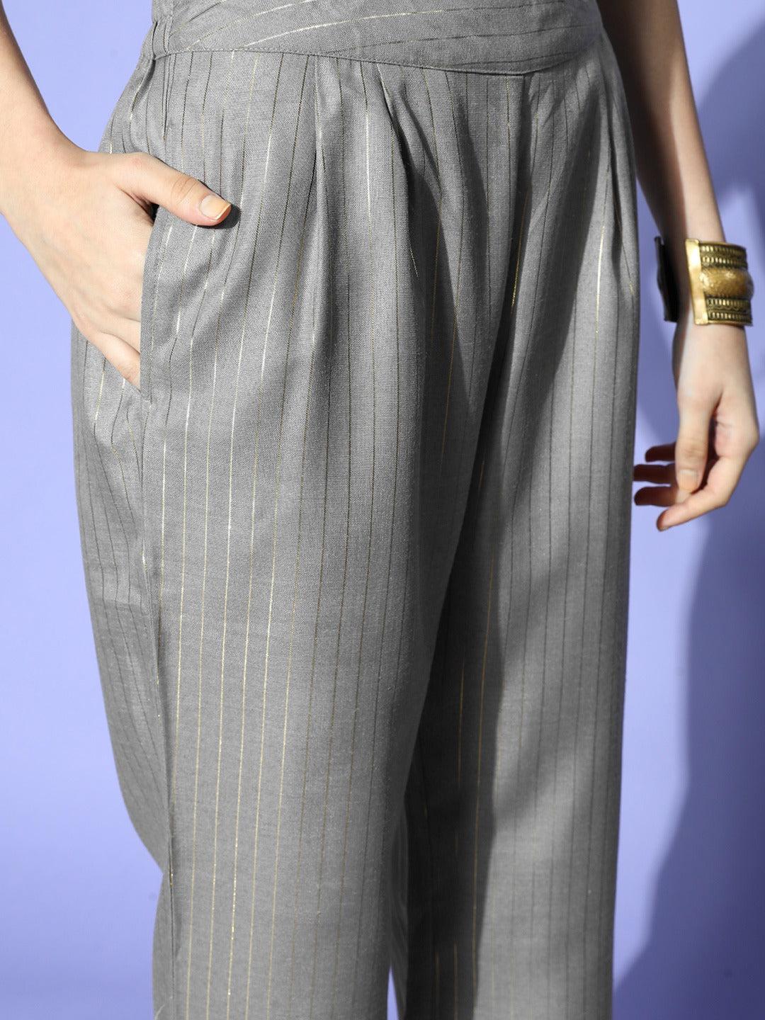 striped-crop-top-trousers-with-blazer-10140156GY, Women Indian Ethnic Clothing, Cotton Co-Ords