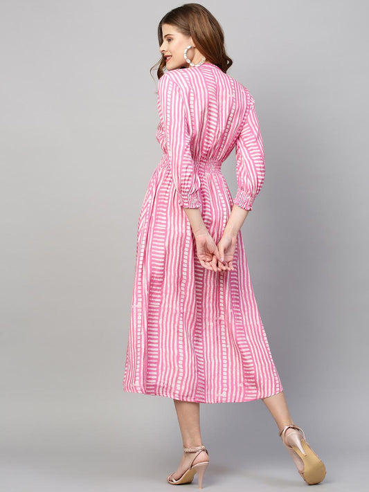 stripes-printed-flared-midi-dress-10304012PK, Women Clothing, Muslin Silk Dress