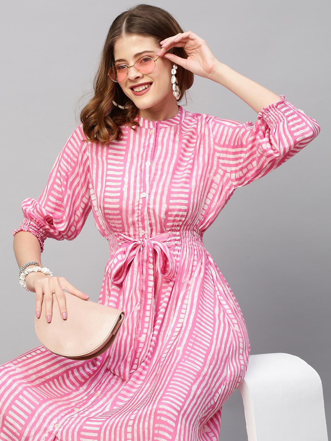 stripes-printed-flared-midi-dress-10304012PK, Women Clothing, Muslin Silk Dress