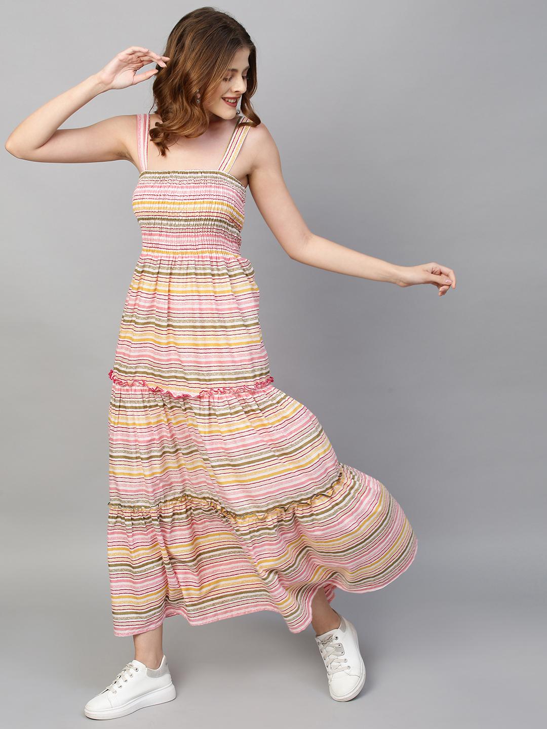 stripes-printed-smocked-tiered-flared-maxi-dress-10304009ML, Women Clothing, Cotton Dress