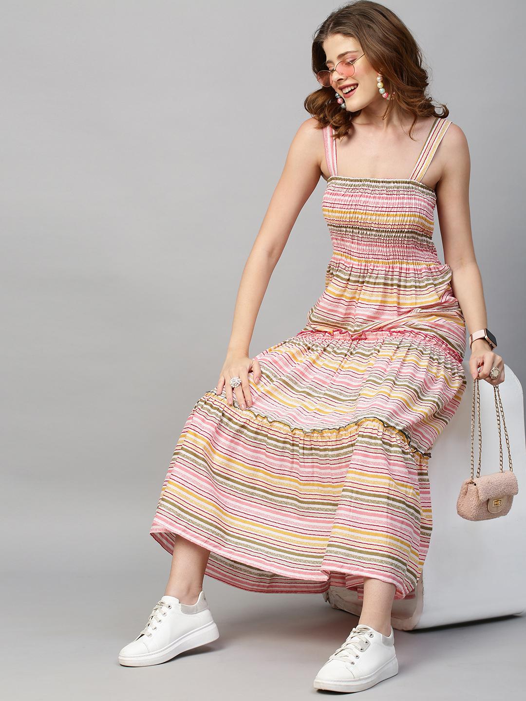 stripes-printed-smocked-tiered-flared-maxi-dress-10304009ML, Women Clothing, Cotton Dress