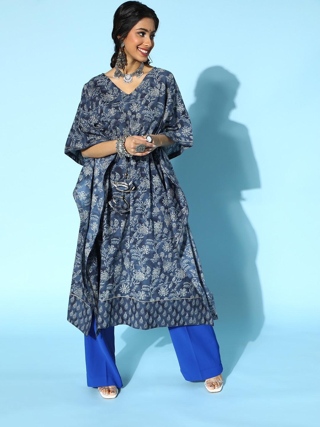 stunning-blue-printed-caftan-kurta-10121093BL, Women Clothing, Cotton Caftan