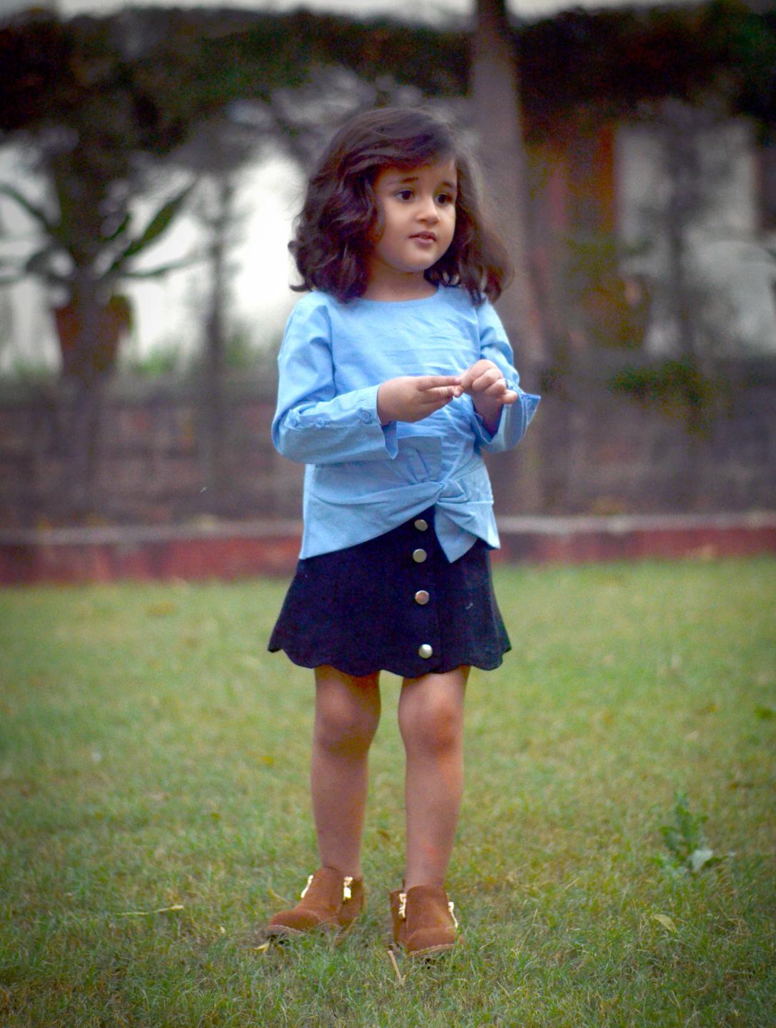 stylish-blue-top-with-skirt-10513027BK, Kids Clothing, Corduroy,Twill Girl Skirt Set