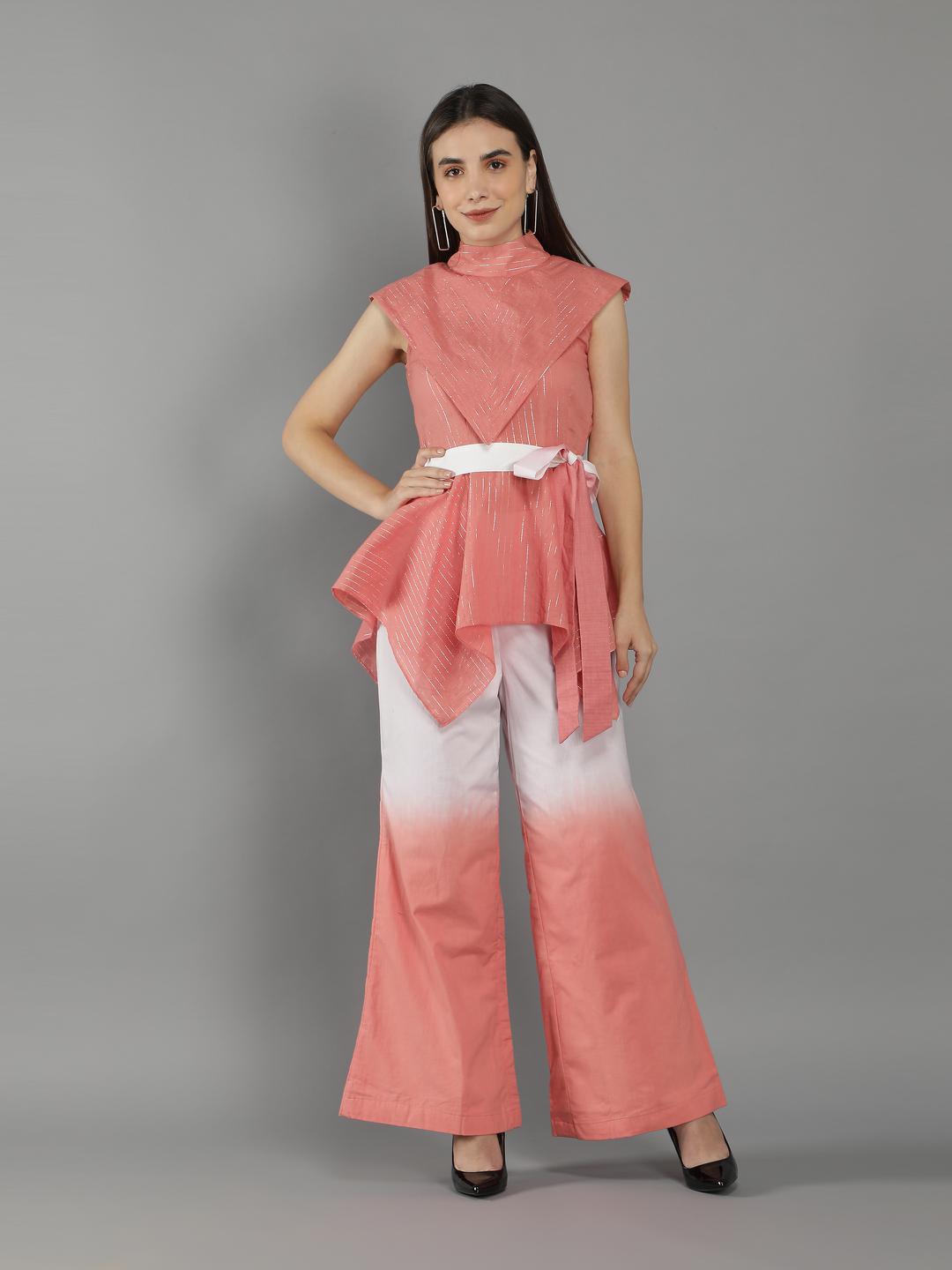 sun-kissed-coral-silver-lining-top-with-ombre-pant-set-11740132PK, Women Clothing, Cotton Matching Set