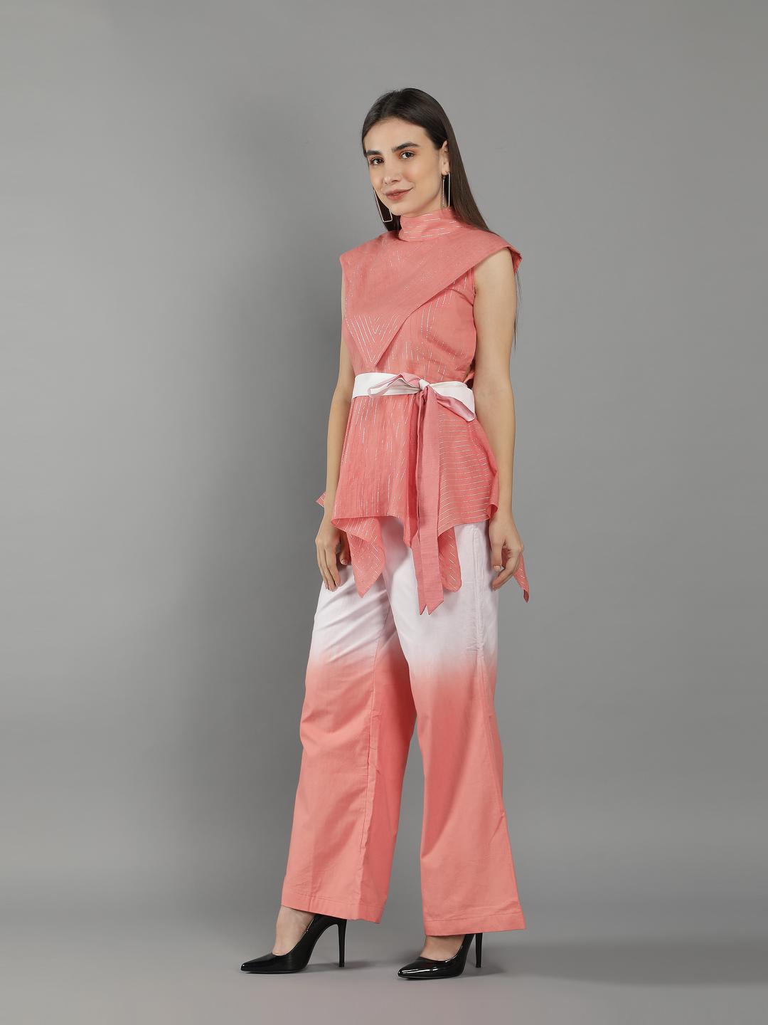 sun-kissed-coral-silver-lining-top-with-ombre-pant-set-11740132PK, Women Clothing, Cotton Matching Set