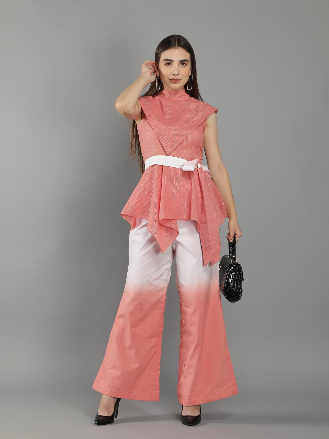 sun-kissed-coral-silver-lining-top-with-ombre-pant-set-11740132PK, Women Clothing, Cotton Matching Set