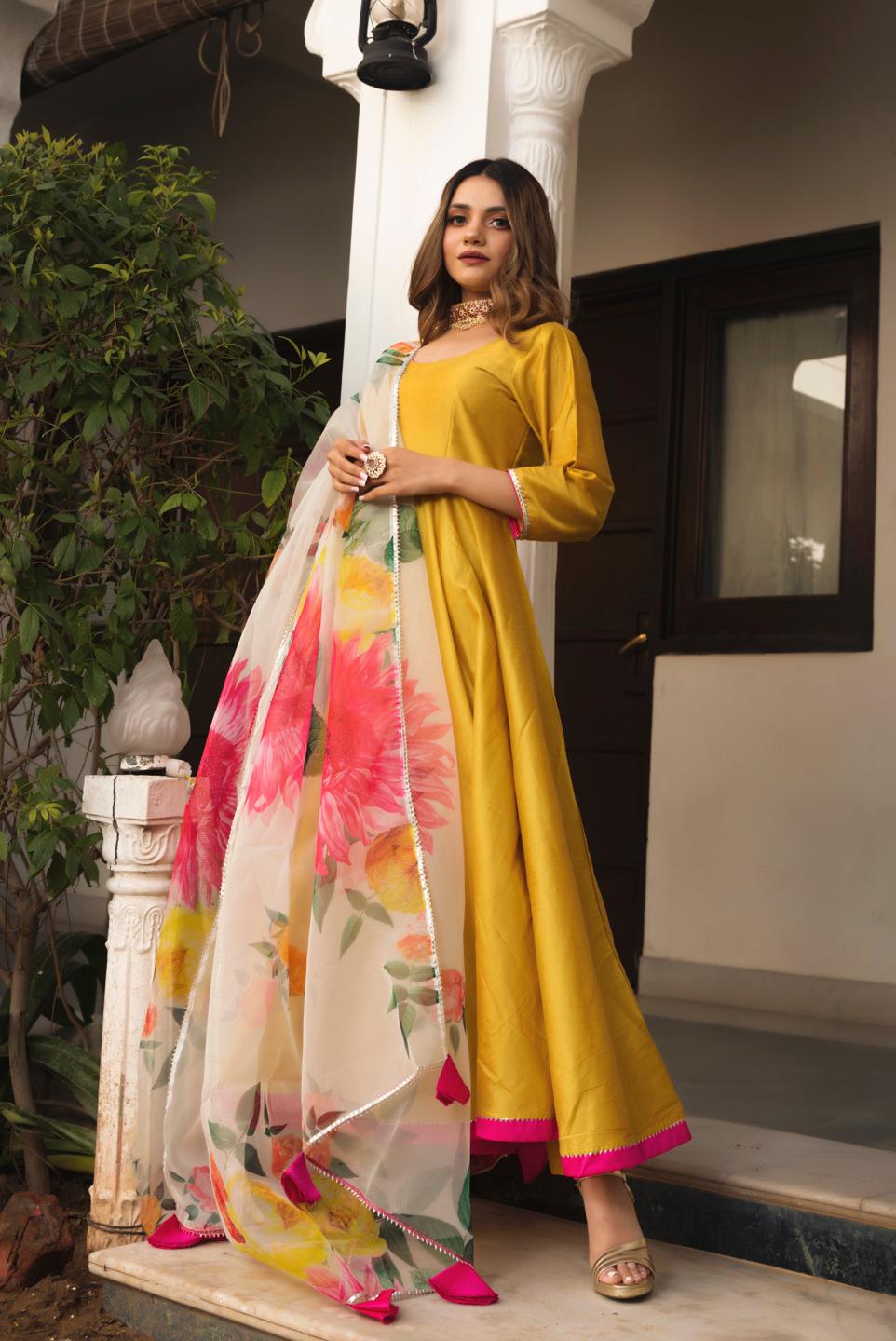sunflower-cotton-silk-yellow-anarkali-11403058YL, Women Indian Ethnic Clothing, Cotton Silk Kurta Set Dupatta