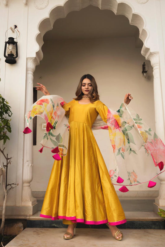 sunflower-cotton-silk-yellow-anarkali-11403058YL, Women Indian Ethnic Clothing, Cotton Silk Kurta Set Dupatta