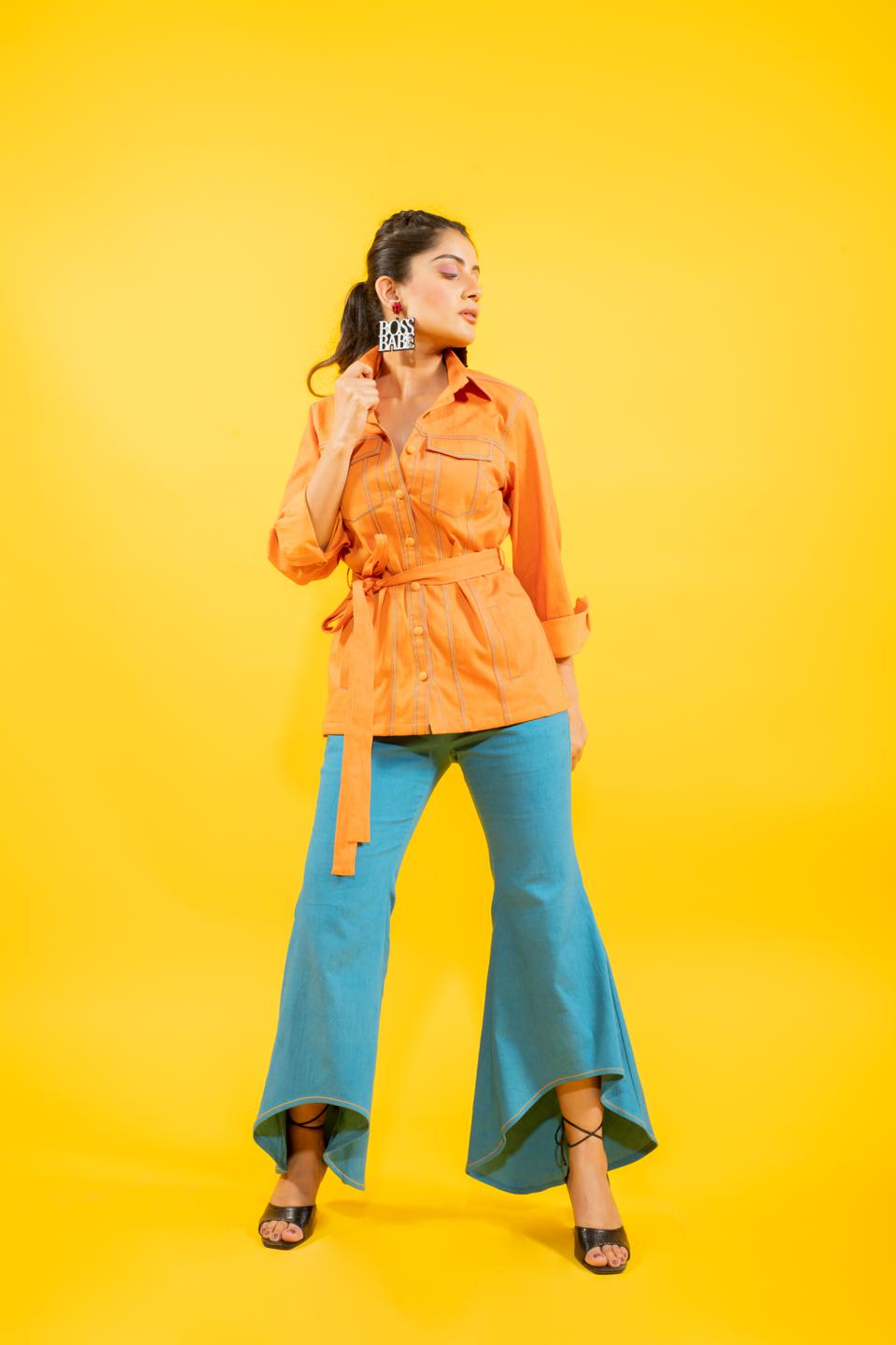 sunrise-orange-shirt-jacket-with-high-low-denim-pants-set-11740096OR, Women Clothing, Cotton Matching Set