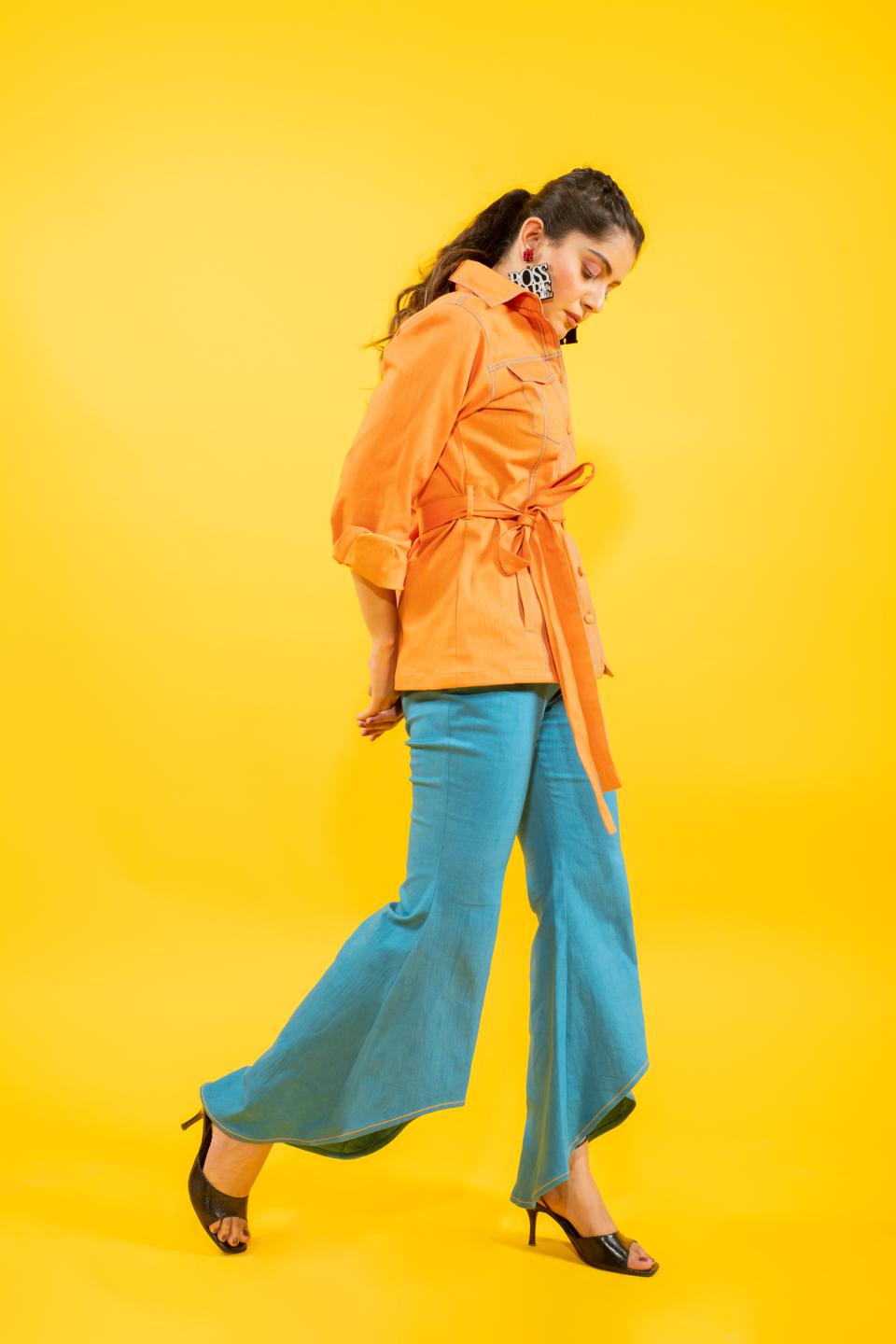 sunrise-orange-shirt-jacket-with-high-low-denim-pants-set-11740096OR, Women Clothing, Cotton Matching Set
