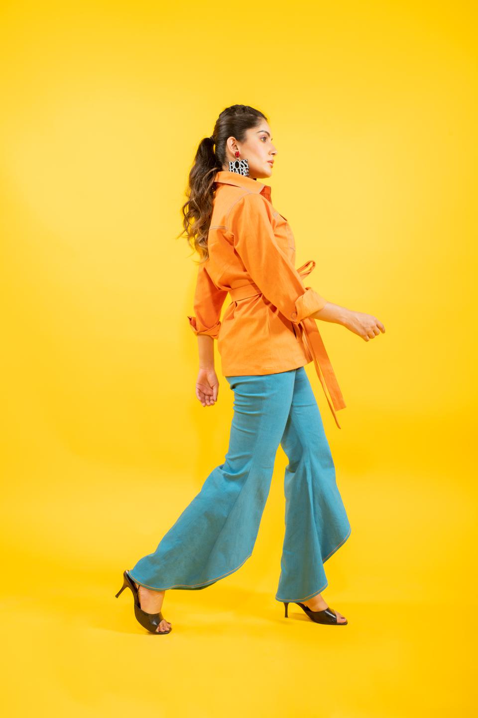 sunrise-orange-shirt-jacket-with-high-low-denim-pants-set-11740096OR, Women Clothing, Cotton Matching Set