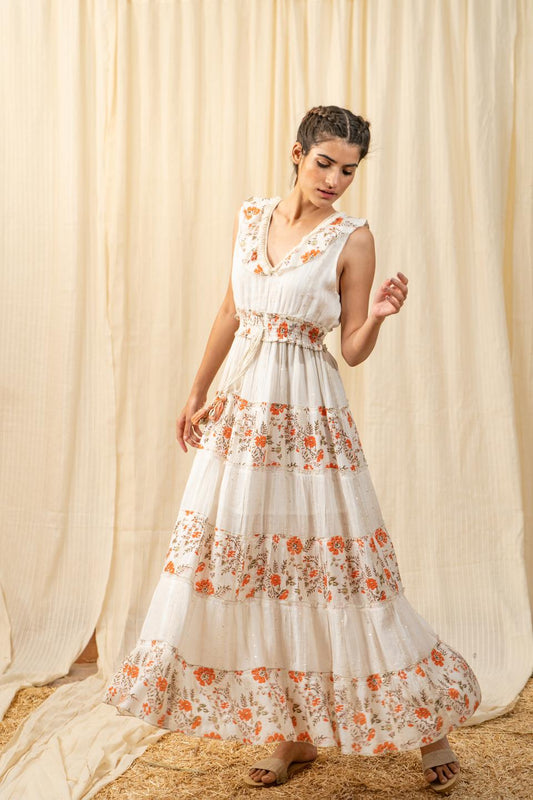 sunset-white-orange-tiered-maxi-11804026WH, Women Clothing, Rayon Dress
