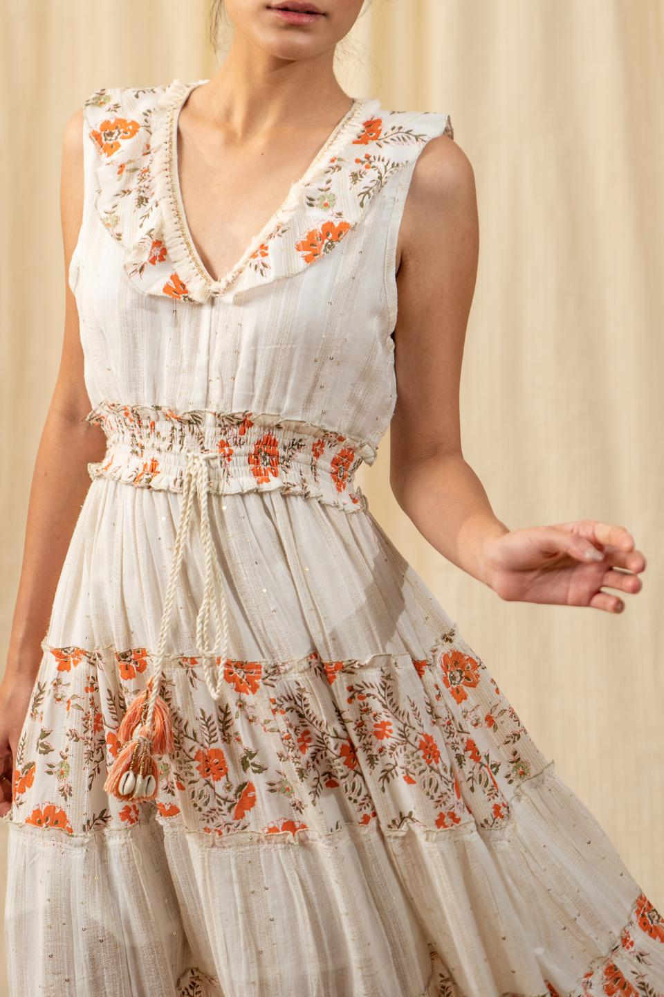 sunset-white-orange-tiered-maxi-11804026WH, Women Clothing, Rayon Dress