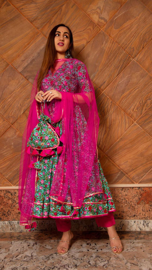 surangi-kalidar-cotton-anarkali-set-11403083GR, Women Indian Ethnic Clothing, Cotton Kurta Set Dupatta