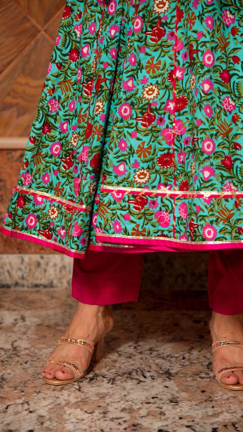 surangi-kalidar-cotton-anarkali-set-11403083GR, Women Indian Ethnic Clothing, Cotton Kurta Set Dupatta