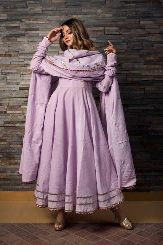 sweet-pea-lavender-pure-cotton-anarkali-set-11403057PR, Women Indian Ethnic Clothing, Cotton Silk Kurta Set Dupatta