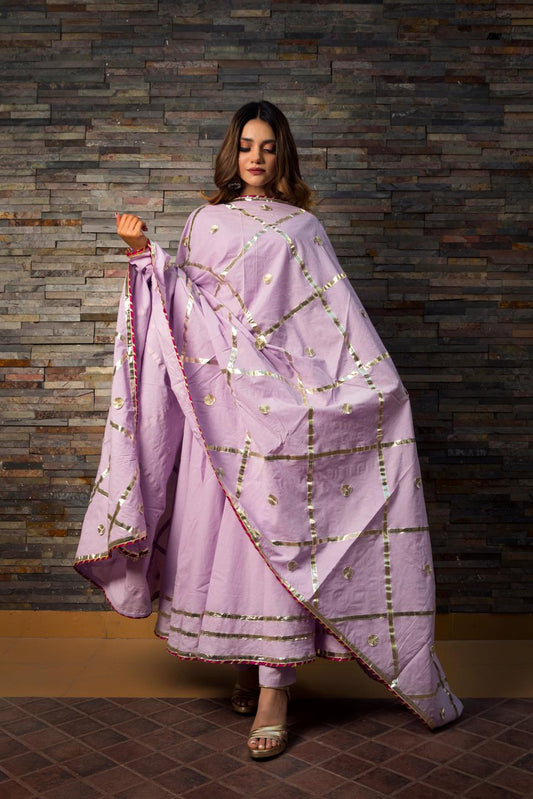 sweet-pea-lavender-pure-cotton-anarkali-set-11403057PR, Women Indian Ethnic Clothing, Cotton Silk Kurta Set Dupatta