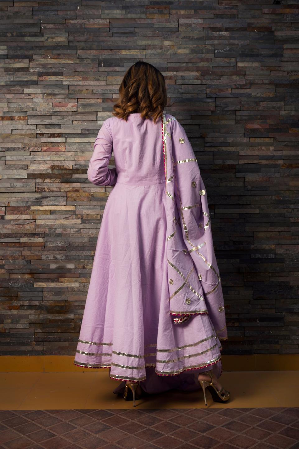 sweet-pea-lavender-pure-cotton-anarkali-set-11403057PR, Women Indian Ethnic Clothing, Cotton Silk Kurta Set Dupatta